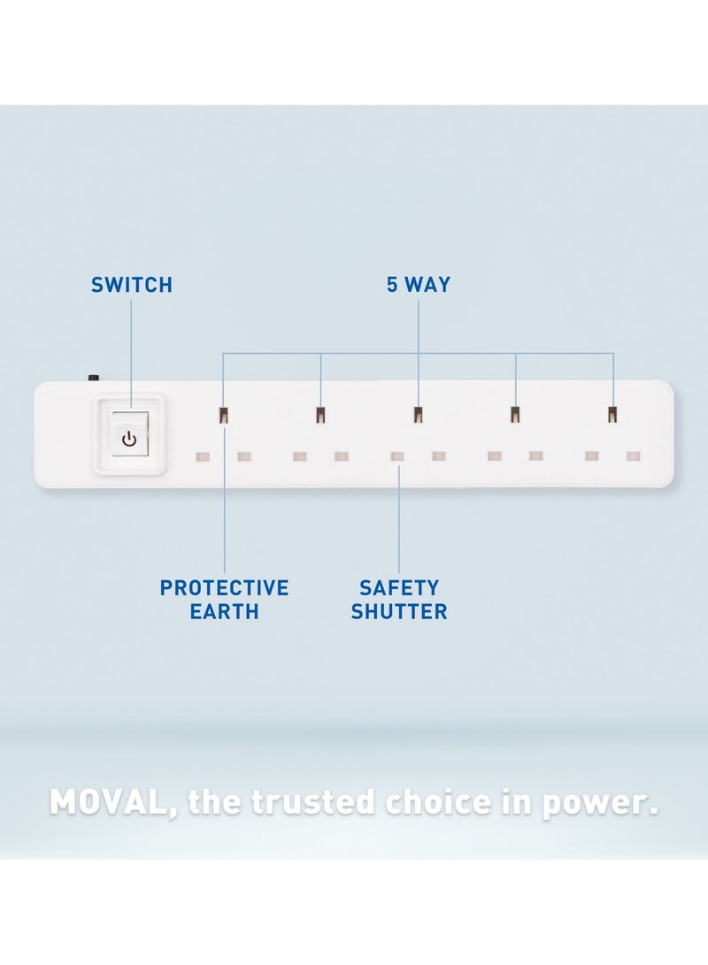 MOVAL 5-Socket Power Extension Cord 5m – All Copper, 2990W, Overload Protection, Anti-Fire Design - Image 1